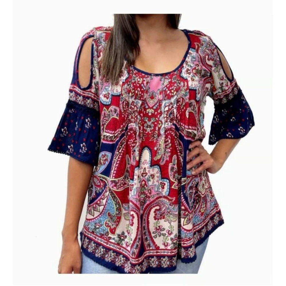 Bila Paisley Print Blouse Red Navy Cold Shoulder Bell Sleeve Crochet Trim LBoho
